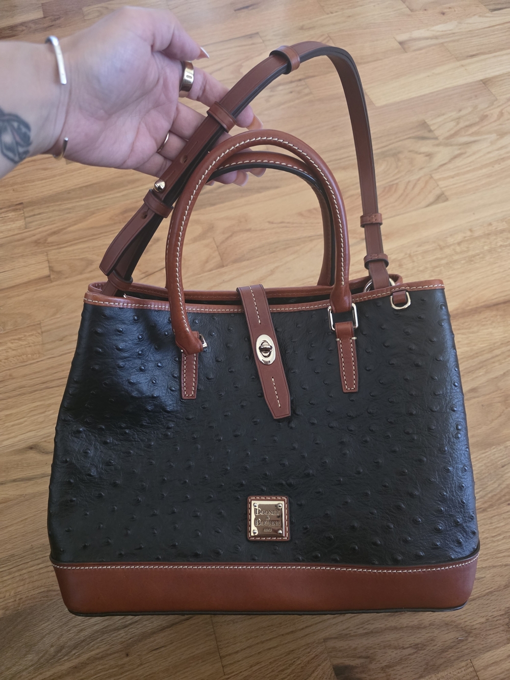 Vintage Dooney And Bourke Ostrich Black and Brown Structured Satchel Handbag